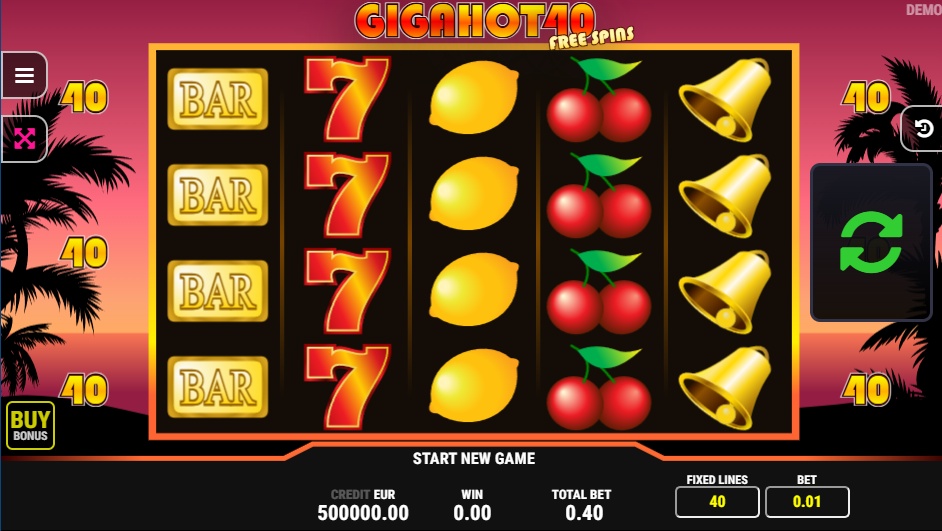 The main 5x4 game grid of the Giga Hot 40 Free Spins slot, showcasing classic fruit symbols against a tropical sunset background.