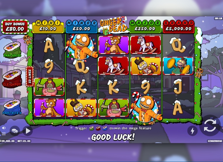 The base game screen of the Gingerdead slot, showing the 5x4 reel layout and jackpot values.