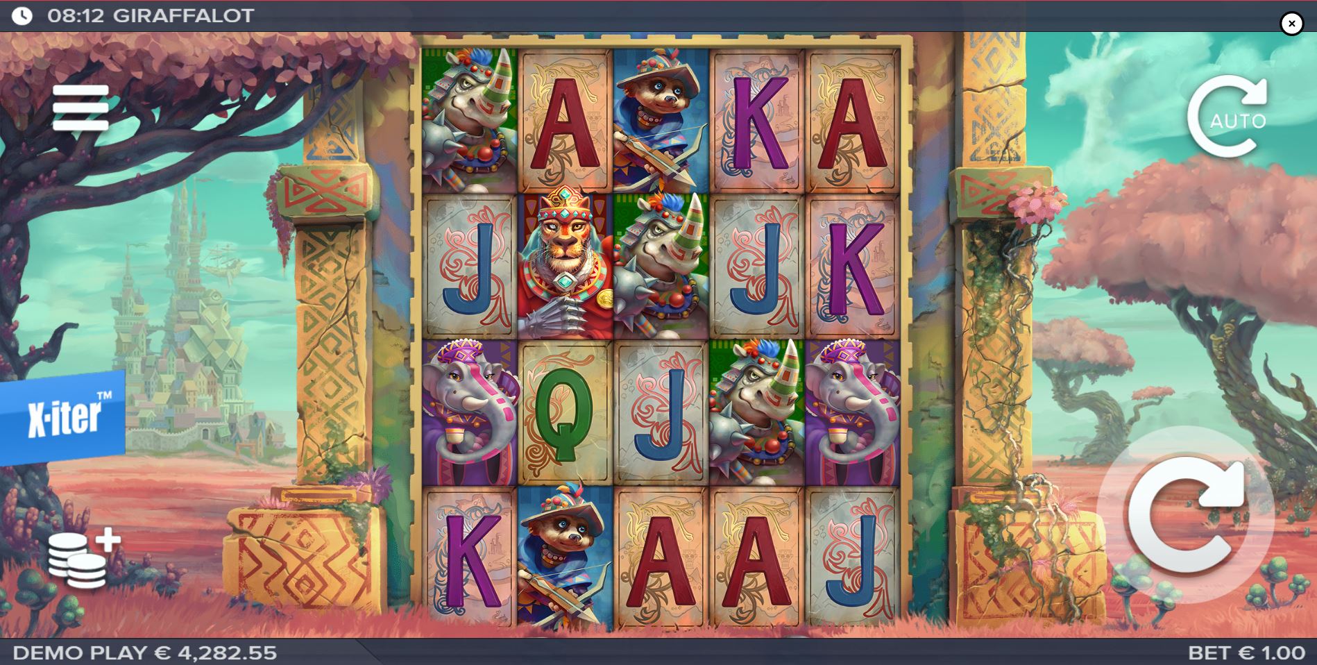 The base game screen of the Giraffalot slot, showing the 5x4 grid with animal knight symbols and the fantasy landscape.