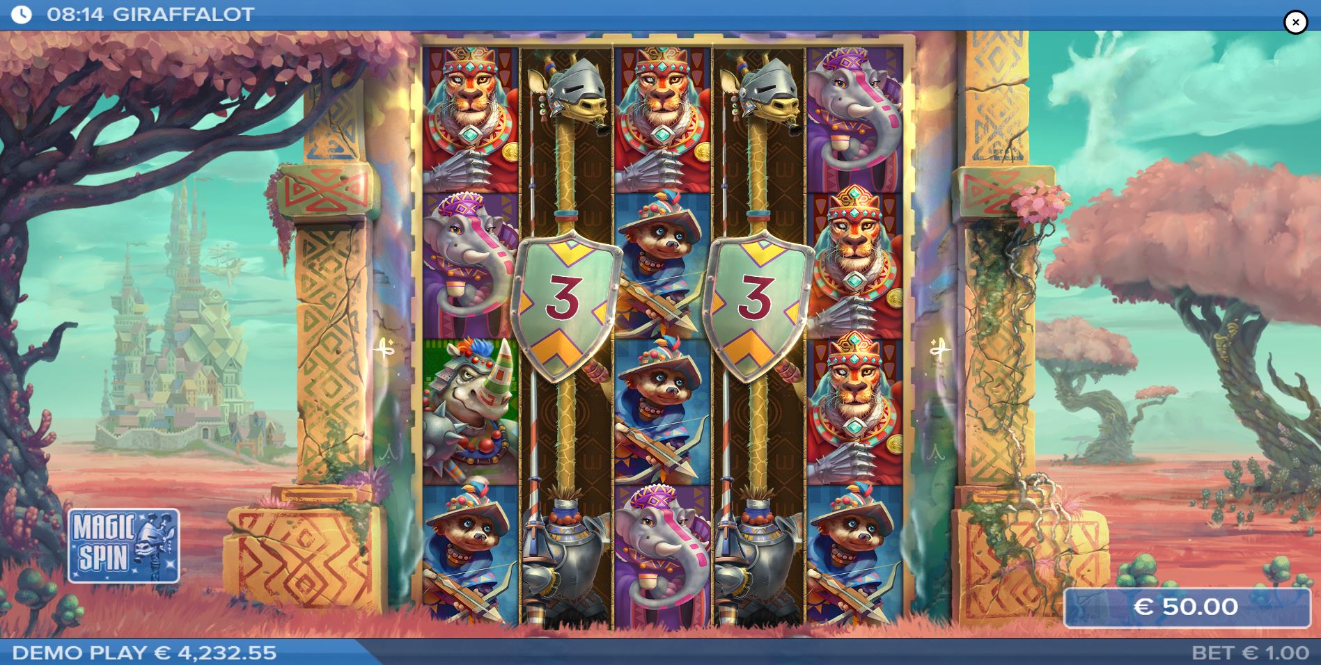 The Expanding Wild feature in Giraffalot, with the Giraffe Knight symbol covering an entire reel.