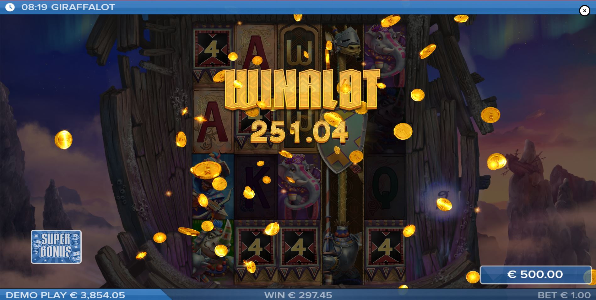 A big win screen in the Giraffalot slot, showing multiple wild reels contributing to a large payout.