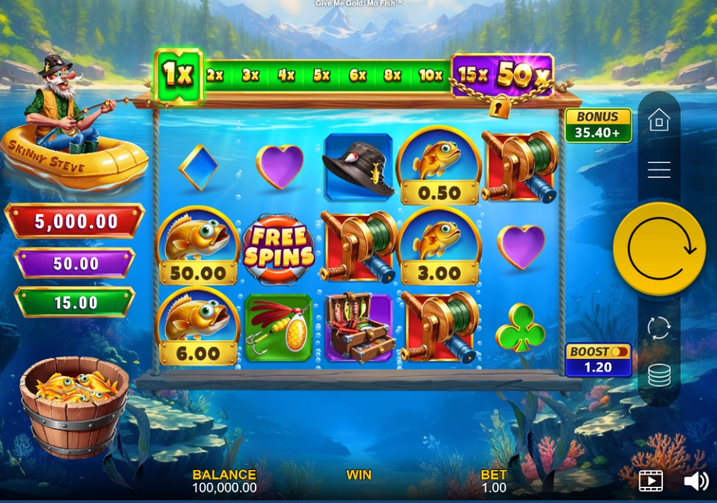 The base game screen of Give Me Gold: Mo Fish slot, showing the 5x3 reel layout and cartoonish fishing theme.