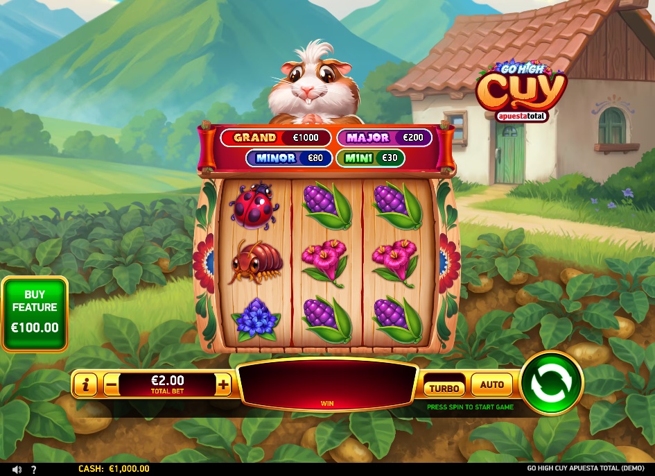 The main 3x3 game screen of the Go High Cuy slot demo, displaying the farm theme and jackpot values.