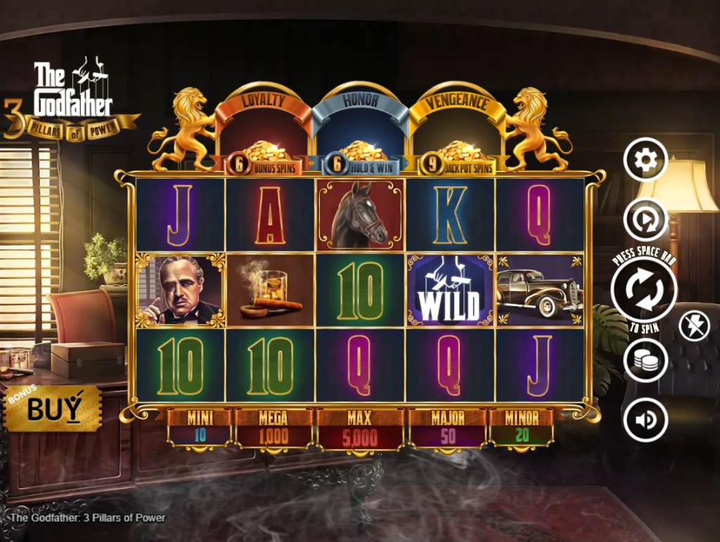 The main 5x3 game grid of The Godfather 3 Pillars of Power slot, showing the Corleone family symbols and the three bonus meters above.