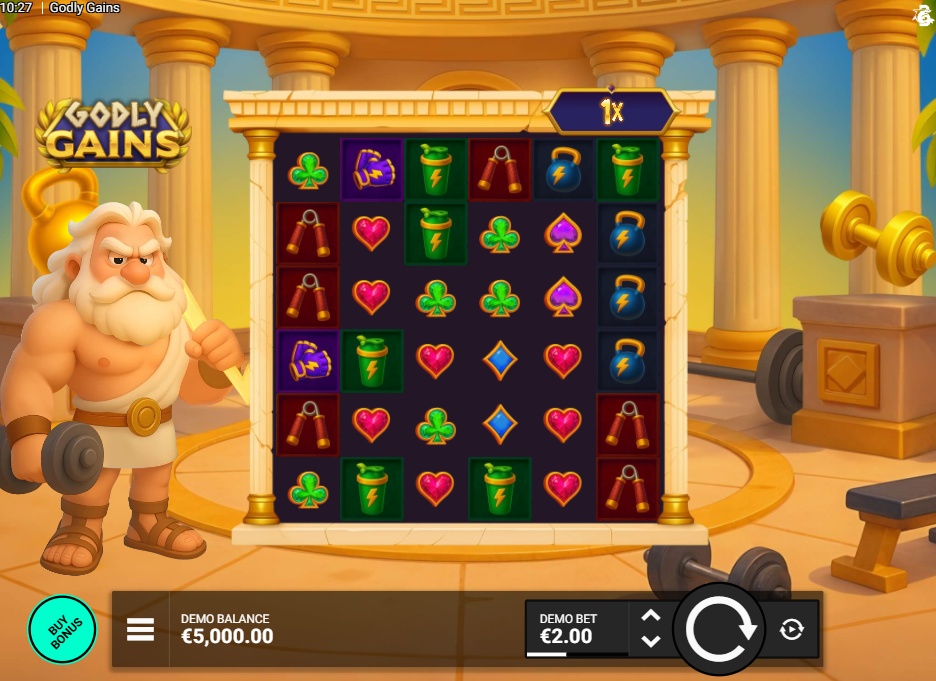 The 6x6 grid of the Godly Gains slot, featuring the Zeus-like character and high-value gym equipment symbols.
