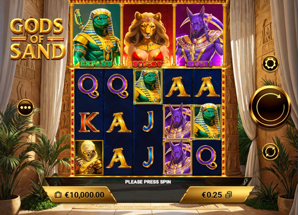 The main 5x3 game grid of the Gods of Sand slot, showcasing the Egyptian symbols and the three divine guardians above the reels.