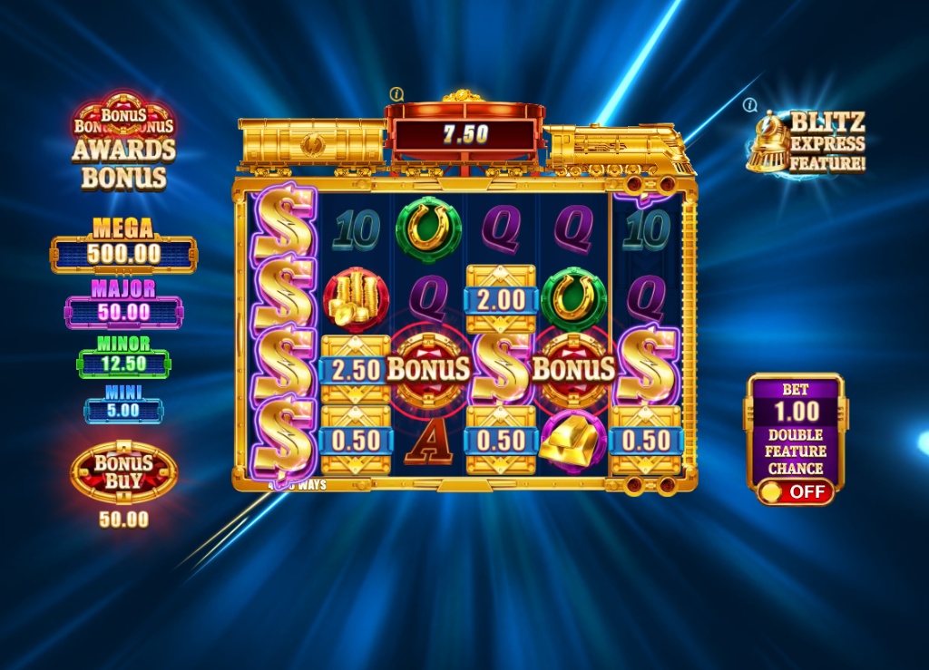 The 6x4 reel layout of the Gold Blitz Express slot, showing gold-bar symbols and cash values during base gameplay.