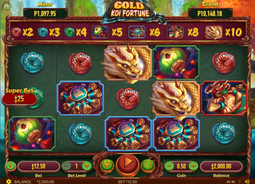 The 5x3 main game grid of the Gold Koi Fortune slot, showing the Koi Boost Multiplier bar above the reels.
