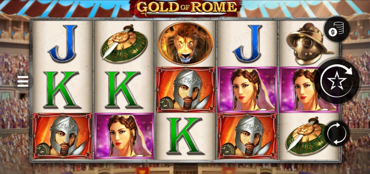 The 5x3 reel layout of the Gold of Rome slot, displaying various gladiator and Roman-themed symbols against the backdrop of the Colosseum.