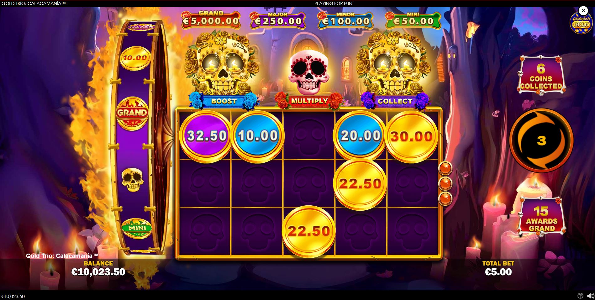 The Gold Trio Respins bonus round in action, with multiple cash coins locked on the grid and respins remaining.