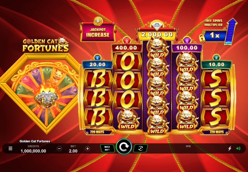 The main 3-4-5-4-3 reel layout of the Golden Cat Fortunes slot, showing the 720 ways to win and the jackpot meters above.