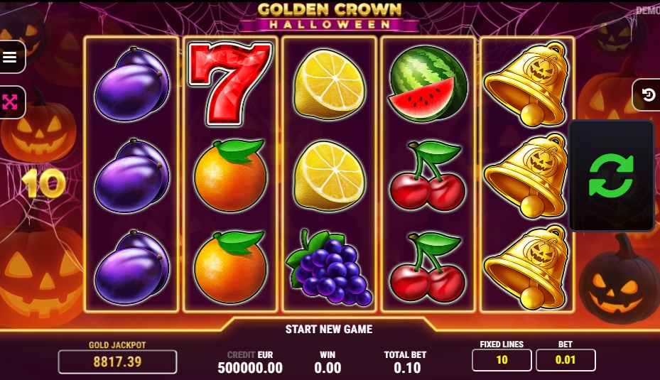 The main 5x3 reel layout of the Golden Crown Halloween slot, showcasing a mix of classic fruit and Halloween-themed symbols during regular gameplay.
