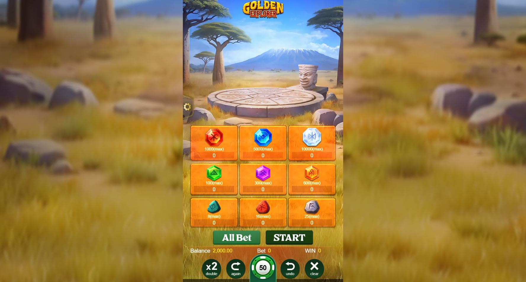 The main betting interface of the Golden Explorer demo game, showing nine different gem symbols players can wager on.