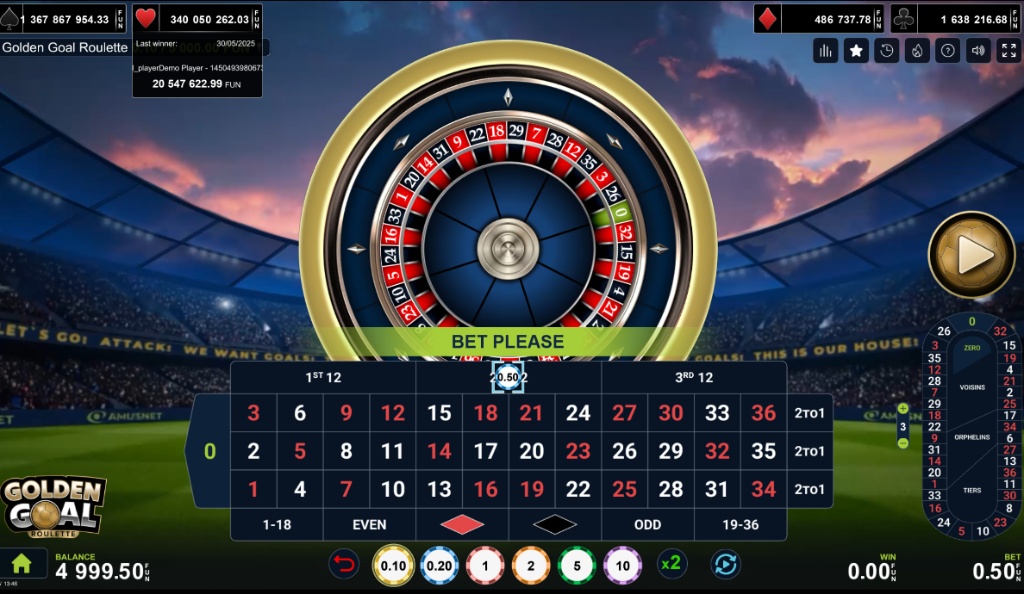 The main game screen of Golden Goal Roulette, displaying the betting layout, the single-zero wheel, and the vibrant football stadium background.