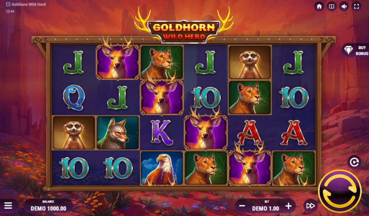 The 6x4 game grid of the Goldhorn Wild Herd slot, showcasing the North American wildlife symbols and 4096 ways to win layout.