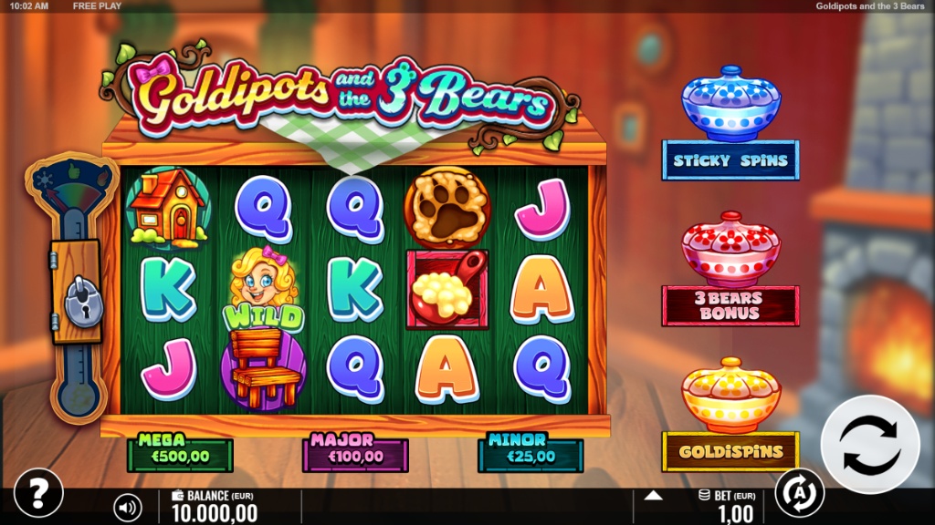 The main game screen of Goldipots and the 3 Bears slot, showing the 5x3 reel layout and the three bonus collection pots.