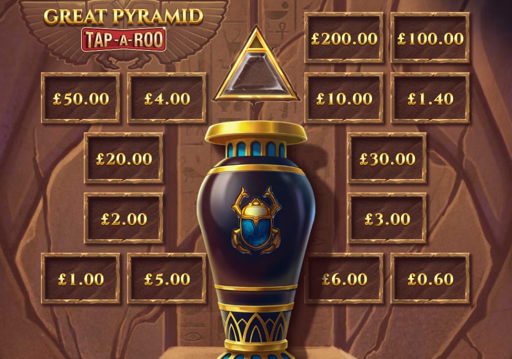 The main game screen of Great Pyramid Tap-A-Roo, showing the central Scarab Vase and surrounding prize tiles before a round begins.