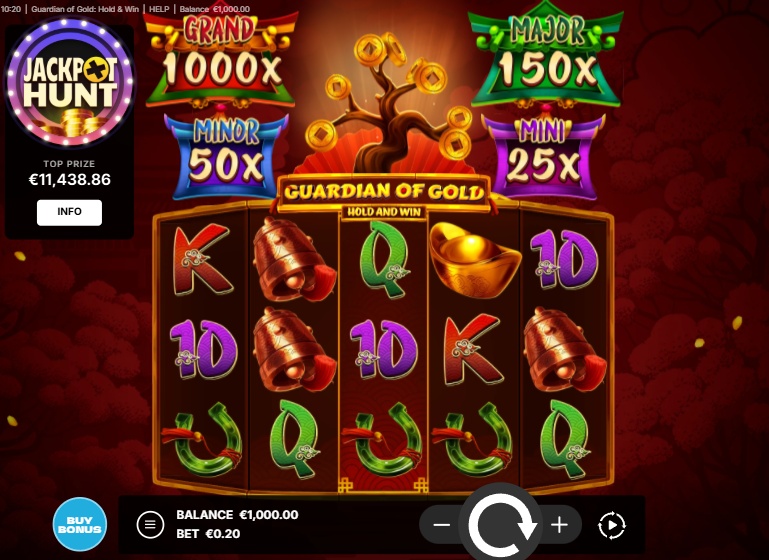The base game grid of the Guardian of Gold: Hold & Win slot, showing the 5x3 reel layout and Asian-themed symbols.