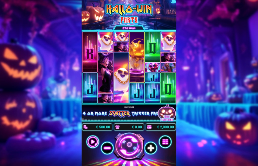 A view of the Hallo-Win Party slot main game grid, showing the 6 dynamic reels and 117,649 ways counter.