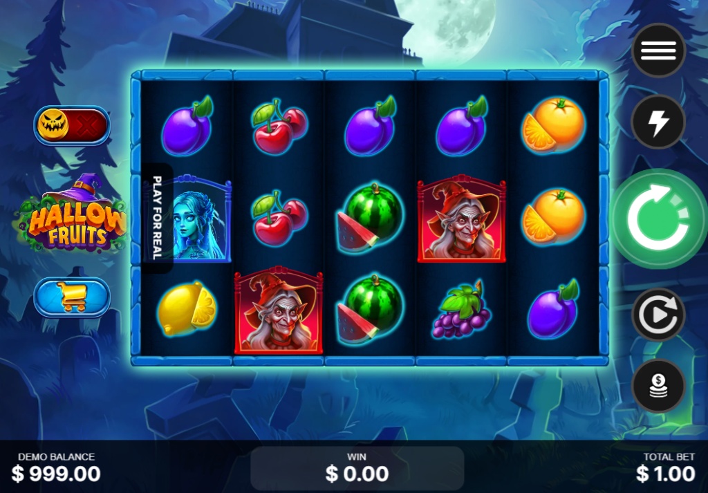 The 5x3 reel layout of the Hallow Fruits slot by Playnetic, showing the mix of fruit and monster symbols in the base game.