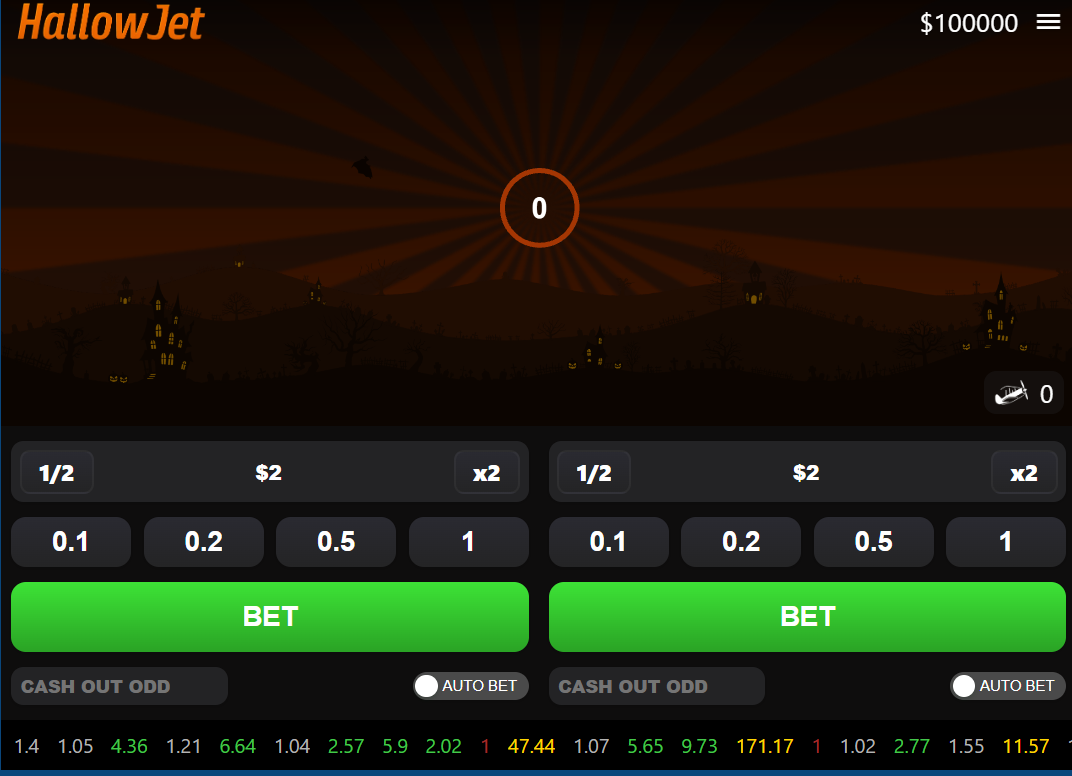 The main game screen of the Hallow Jet crash game, showing the dual betting panels and Halloween-themed background before a round begins.