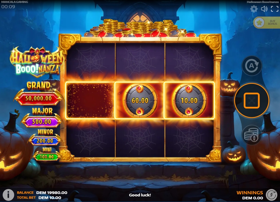 The 3x3 grid of the Halloween Booo!nanza slot demo, showing the empty reels and jackpot prizes on the left.