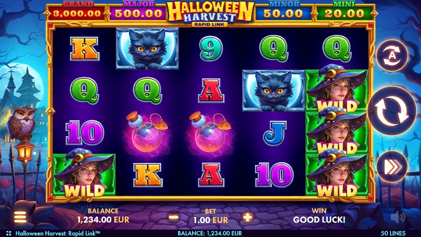 The base game grid of Halloween Harvest: Rapid Link slot, showing the 5x4 reel layout and Halloween theme.