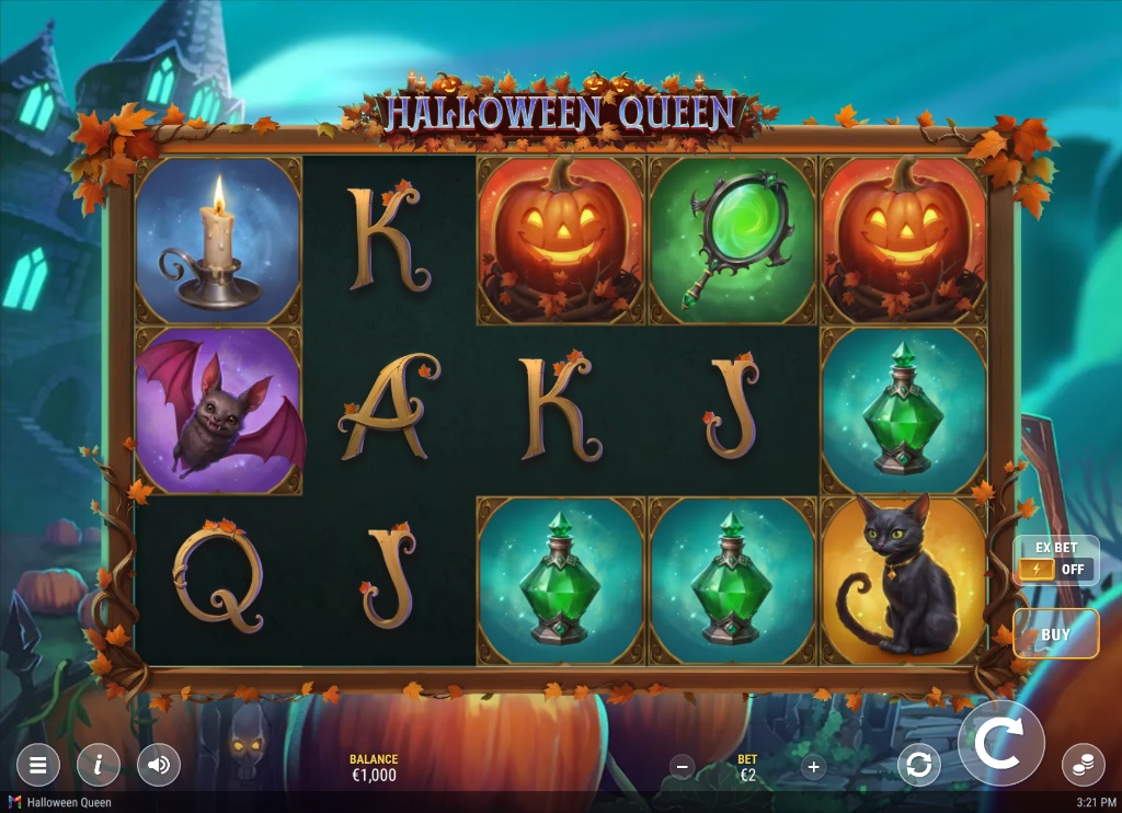 The base game screen of the Halloween Queen slot, showing the 5x3 reel layout and spooky background.