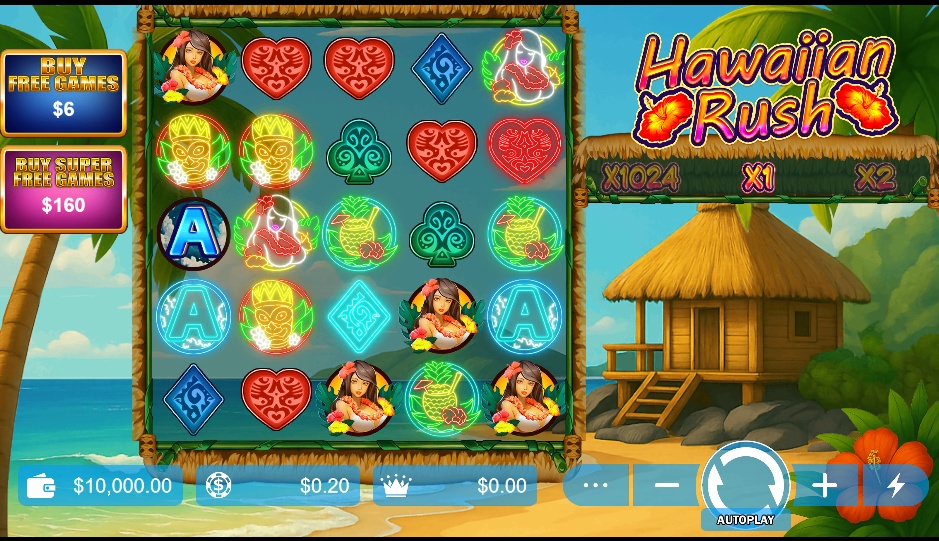 The base game grid of the Hawaiian Rush slot, showcasing the 5x5 layout and tropical-themed symbols before a spin.