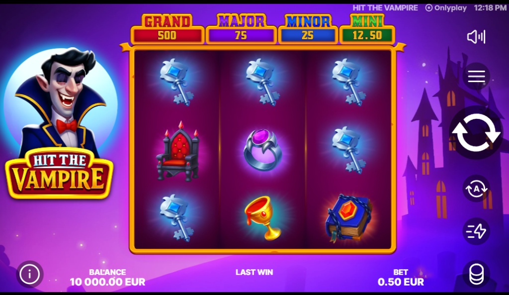 The main 3x3 game grid of the Hit The Vampire slot, showing the vampire character and game symbols.