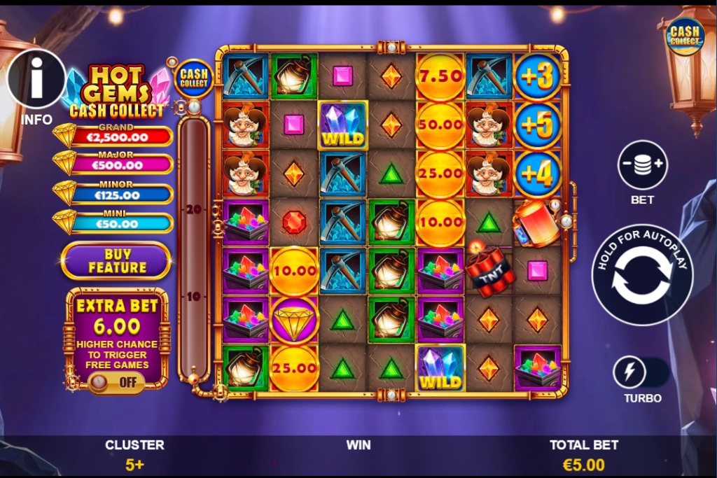 The 5x5 grid of the Hot Gems Cash Collect slot, showing the miner symbol, various gems, and the Cash Collect Bar on the left.