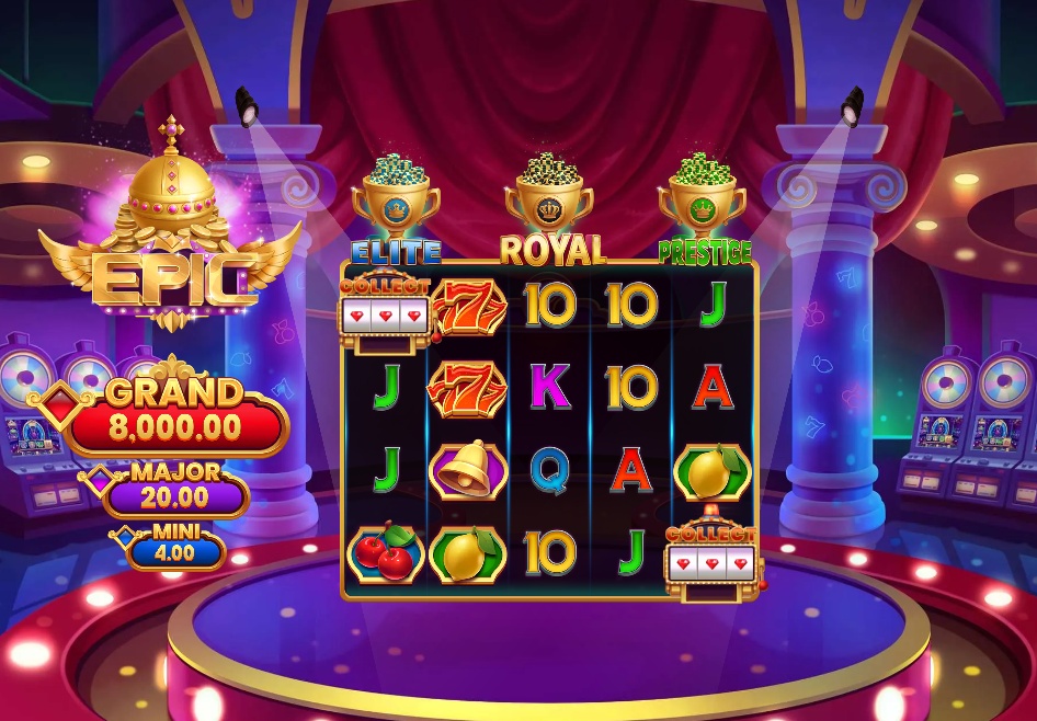 The main 5x4 game grid of the House of Spins the Legacy slot, showing the Vegas-style stage and collection cups.