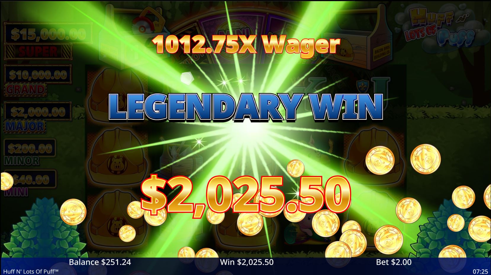 The big win celebration screen from the Huff N Lots of Puff slot, celebrating a large payout with flashing lights and gold coins after a successful bonus round.