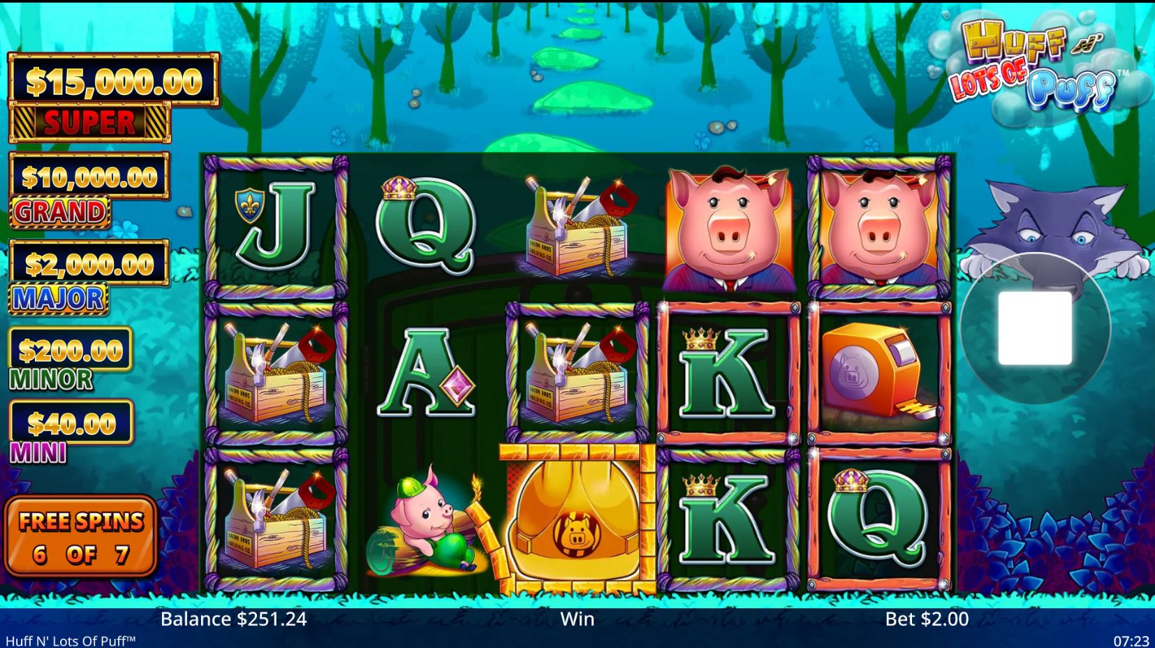 Gameplay during the Huff N Lots of Puff free spins bonus, showing a grid covered in upgraded stick and brick frames ready for the final payout.