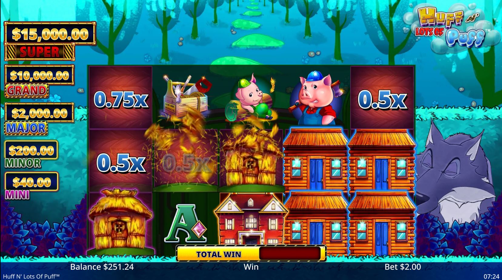 The Big Bad Wolf blows down the houses on the reels during the House Prizes feature, revealing cash multipliers in the Huff N Lots of Puff game.