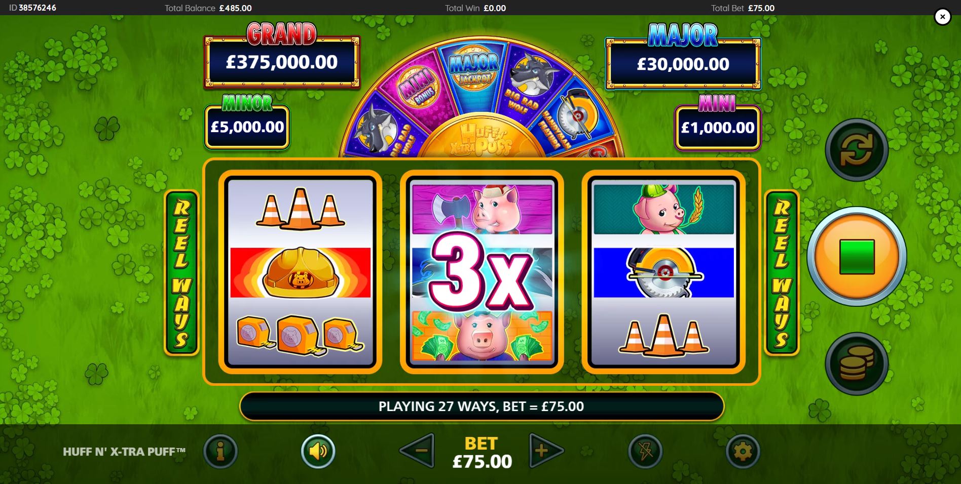 A big win on the Huff N' Xtra Puff demo, triggered by the Big Bad Wolf wild symbol with a multiplier on reel 2.