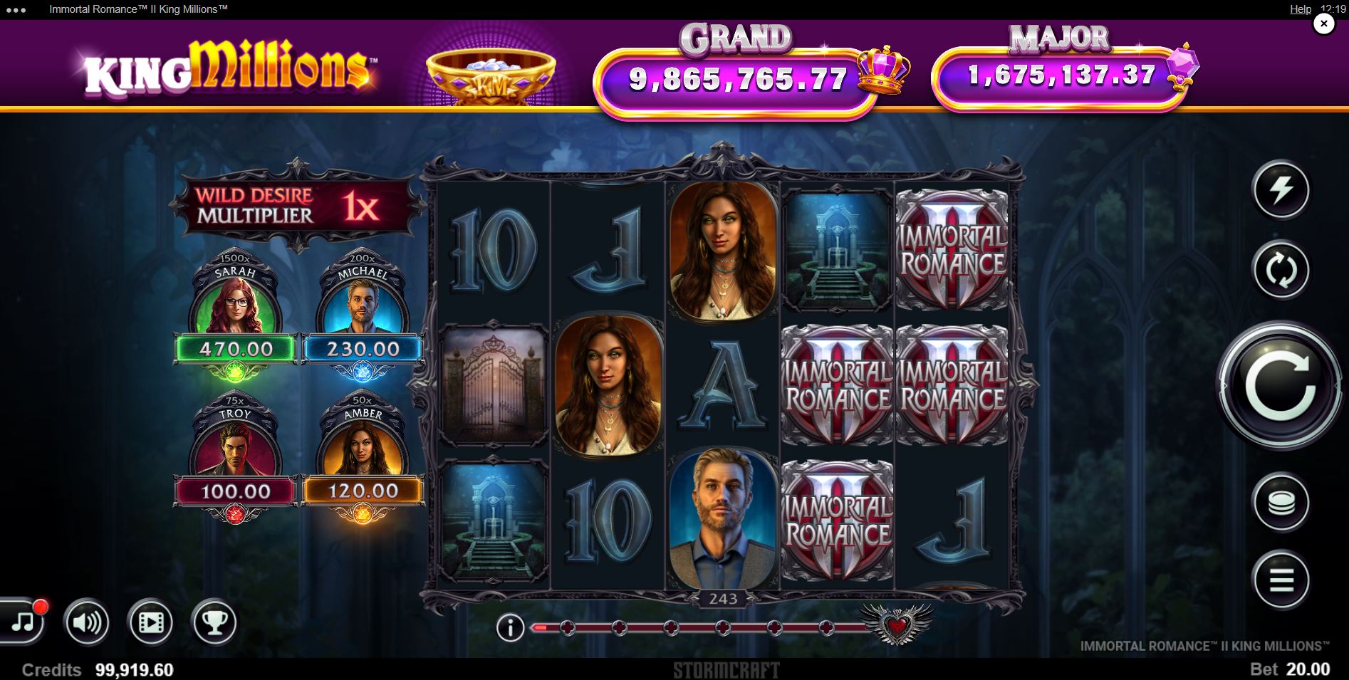 The 5x3 reel layout of the Immortal Romance II King Millions slot, showcasing the main characters and gothic design.