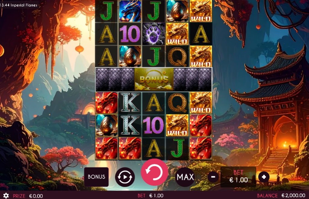 The dual-reel base game of Imperial Flames slot, showing both 5x3 grids and the central bonus bar progression.