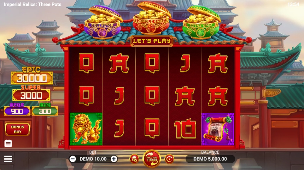 The main 5x3 game grid of Imperial Relics: Three Pots slot, showing the Asian temple background and jackpot values.