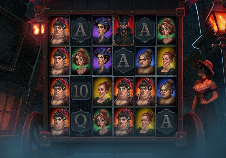 The 6x4 reel layout of the Jack slot by Wicked Games, showcasing the Victorian-era character symbols and grim background.