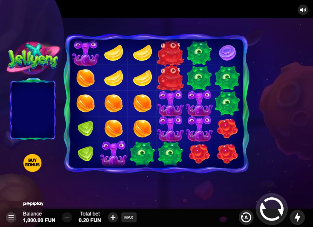 The 6x5 game grid of the Jellyens X slot, showcasing the colorful alien and candy symbols during base gameplay.