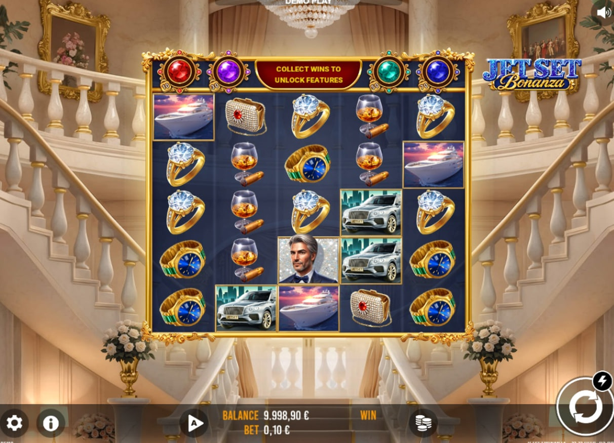 The main 5x5 game grid of the Jet Set Bonanza slot demo, showing the luxury symbols and feature bar.