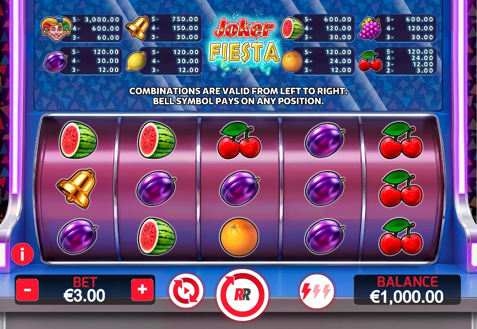 The 5x3 reel layout of the Joker Fiesta slot, displaying a mix of classic fruit symbols during a standard spin.