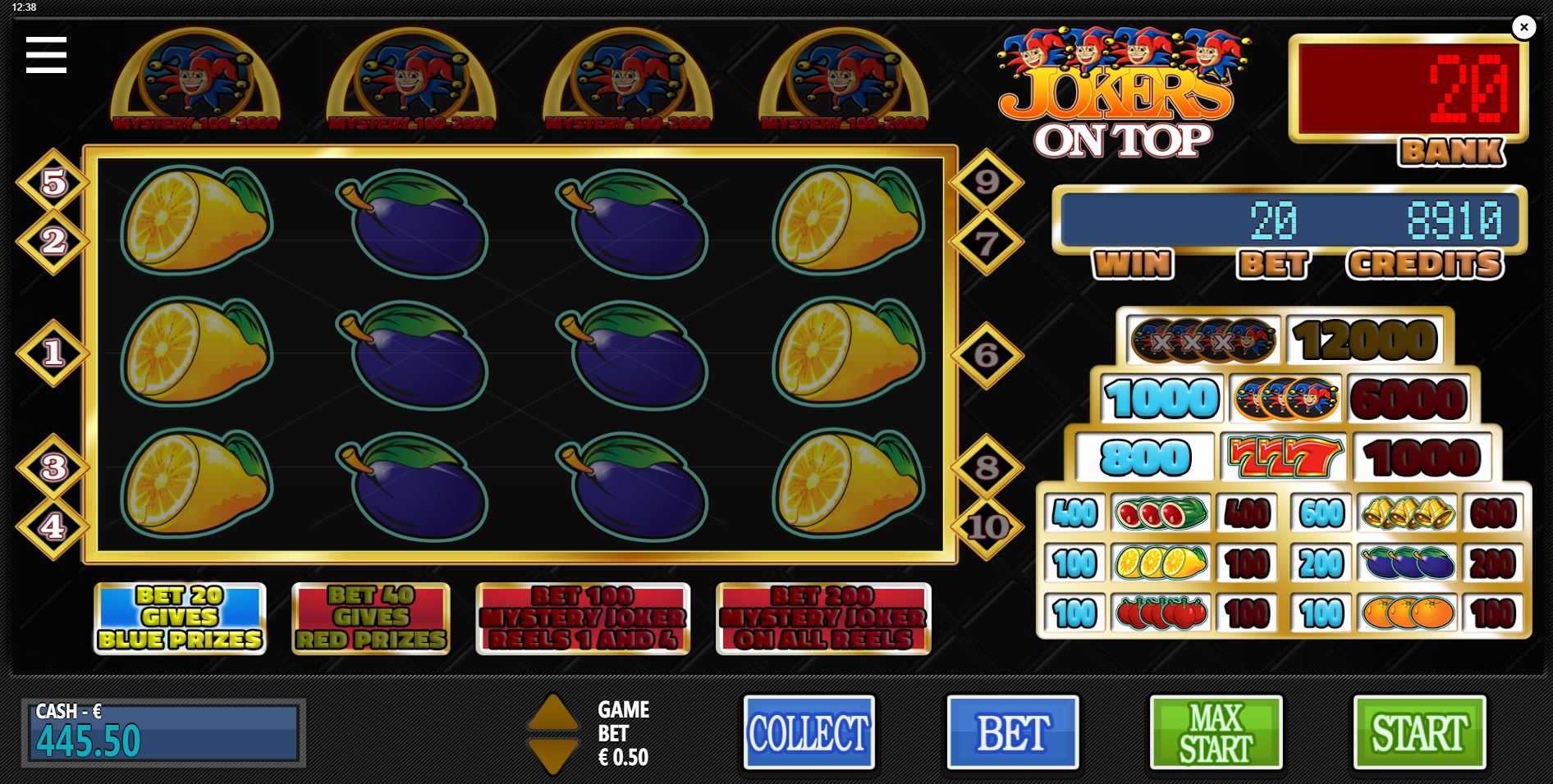 The expanded 4-reel grid of the Jokers on Top second screen game, available at the highest bet levels.
