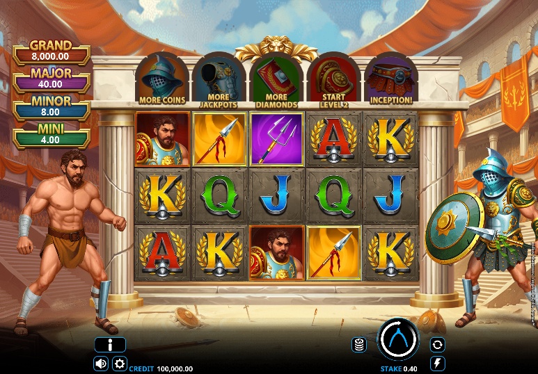 The 5x3 reel setup of the Julius Maximus slot demo, showing the gladiator characters and royal symbols.