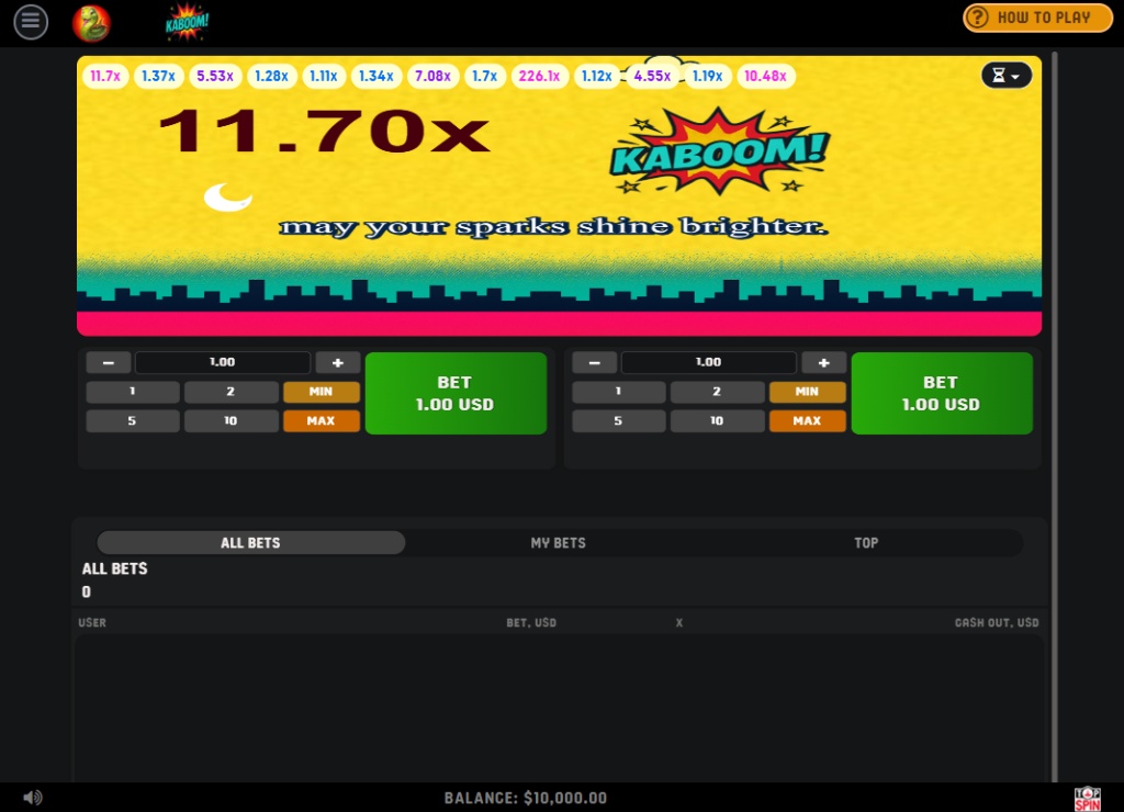The main game screen of the Kaboom crash game demo, showing the double bet panel and the rising multiplier.