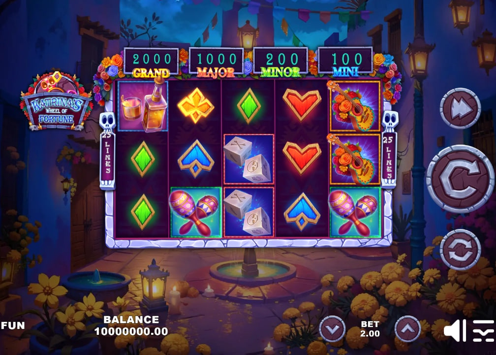 Katrina's Wheel of Fortune slot base game screen showing 5x3 reels, mariachi symbols, and jackpots display.