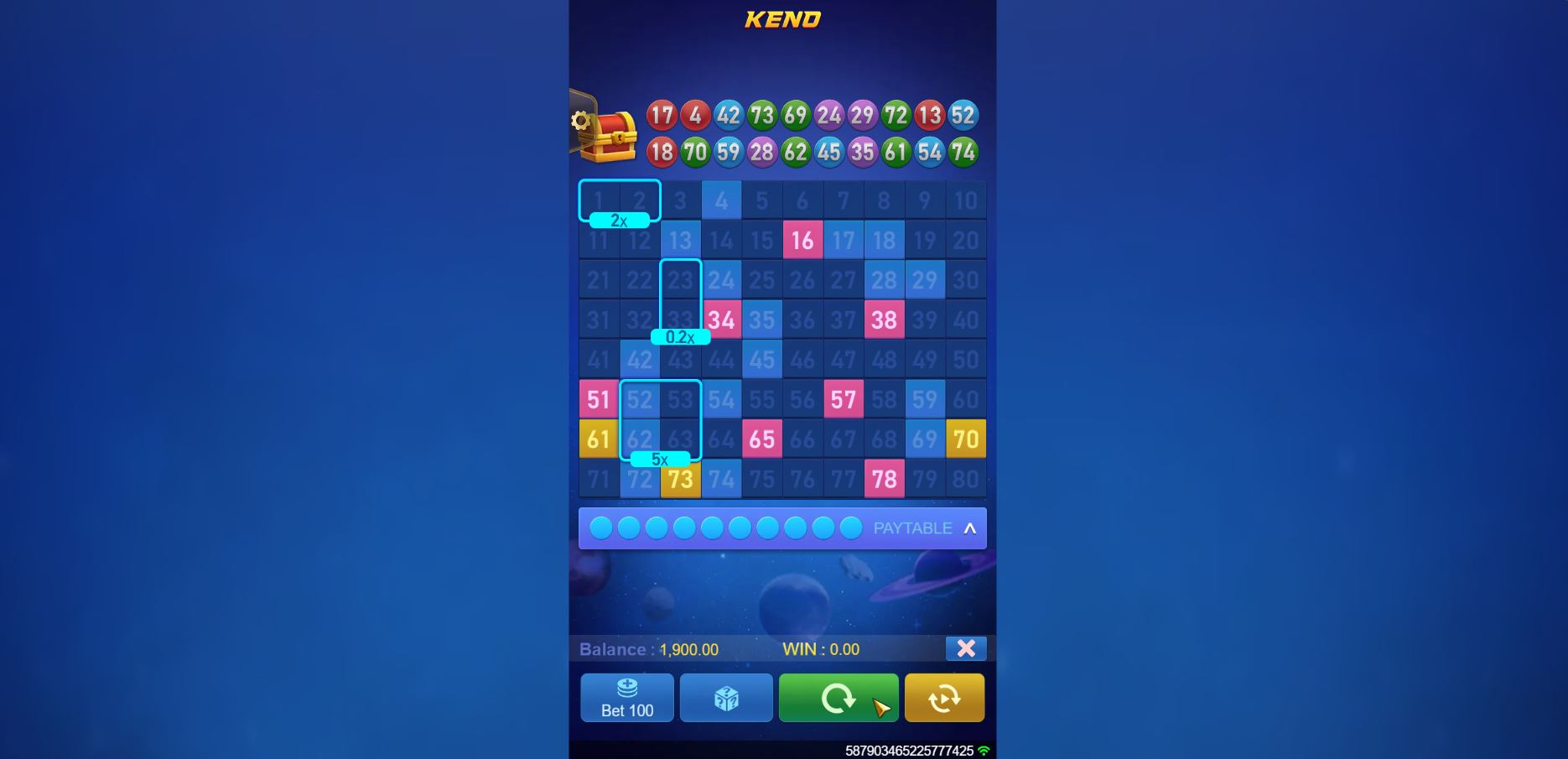 A winning round in Keno Super Chance with several matched numbers highlighted in gold.