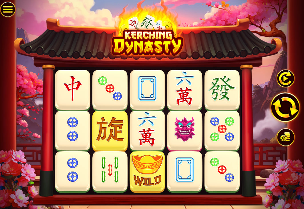 The main 5x3 game board of the Kerching Dynasty slot, showcasing the Mahjong tile symbols and Asian-themed background.