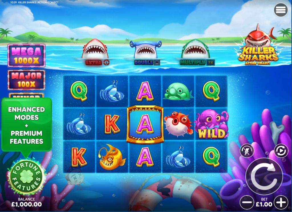 The base game grid of Killer Sharks: Action Collect, showing the 5x3 reel layout and the three shark collection meters.